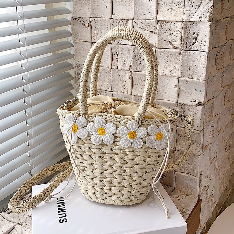 Women's Medium Summer Straw Solid Color Vacation Flowers Bucket String Bucket Bag