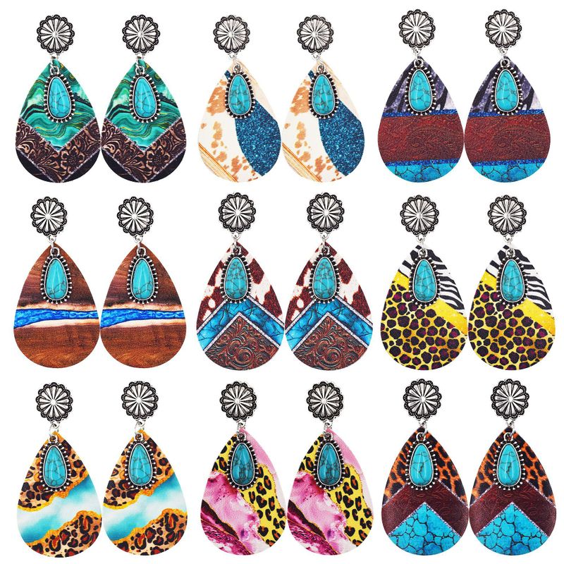 1 Pair Fashion Color Block Water Droplets Pu Leather Alloy Patchwork Turquoise Women's Chandelier Earrings