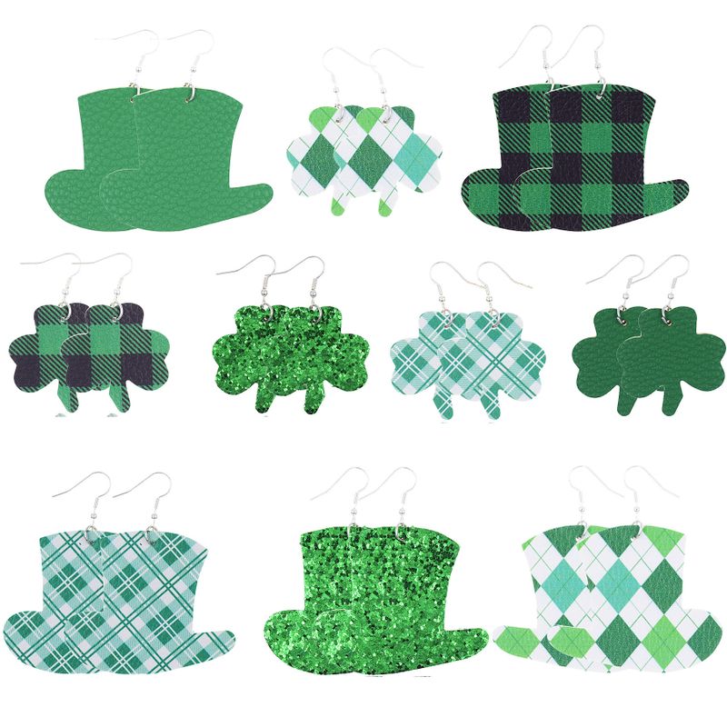 1 Pair Fashion Shamrock Hat Plaid Pu Leather St. Patrick Women's Earrings