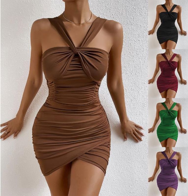 Women's Sheath Dress Sexy Patchwork Pleated Sleeveless Solid Color Short Mini Dress Nightclub