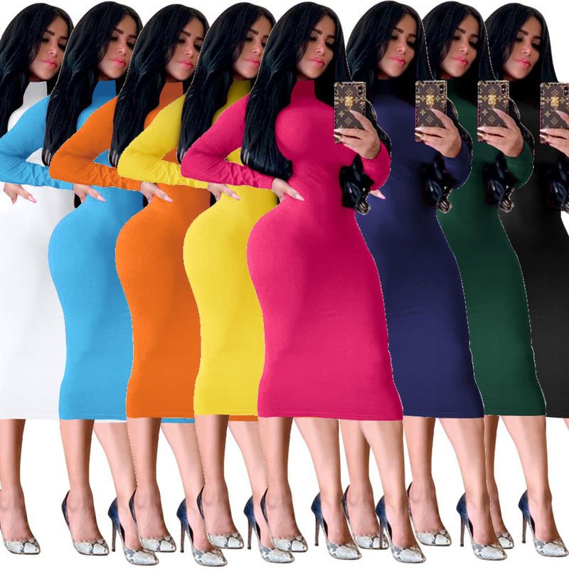 Women's Pencil Skirt Casual High Neck Patchwork Long Sleeve Solid Color Midi Dress Daily
