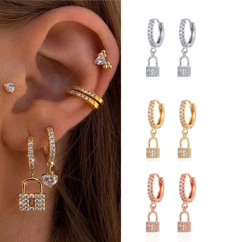 1 Pair Shiny Lock Copper Plating Inlay Zircon Drop Earrings