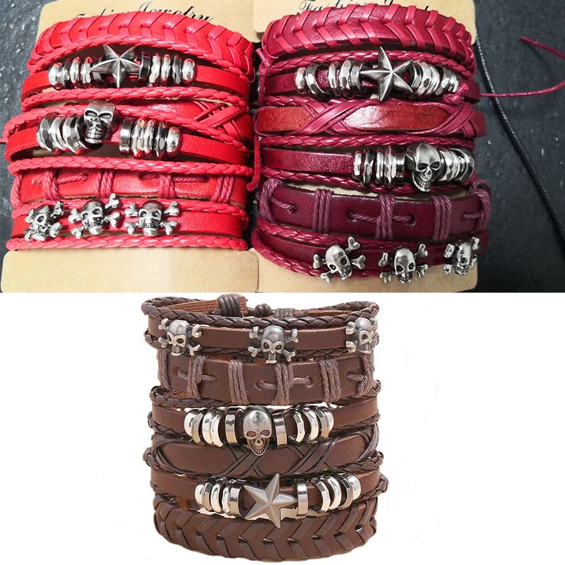 6 Piezas Retro Cráneo Cuero Sintético Aleación Hecho A Mano Hombres Pulsera