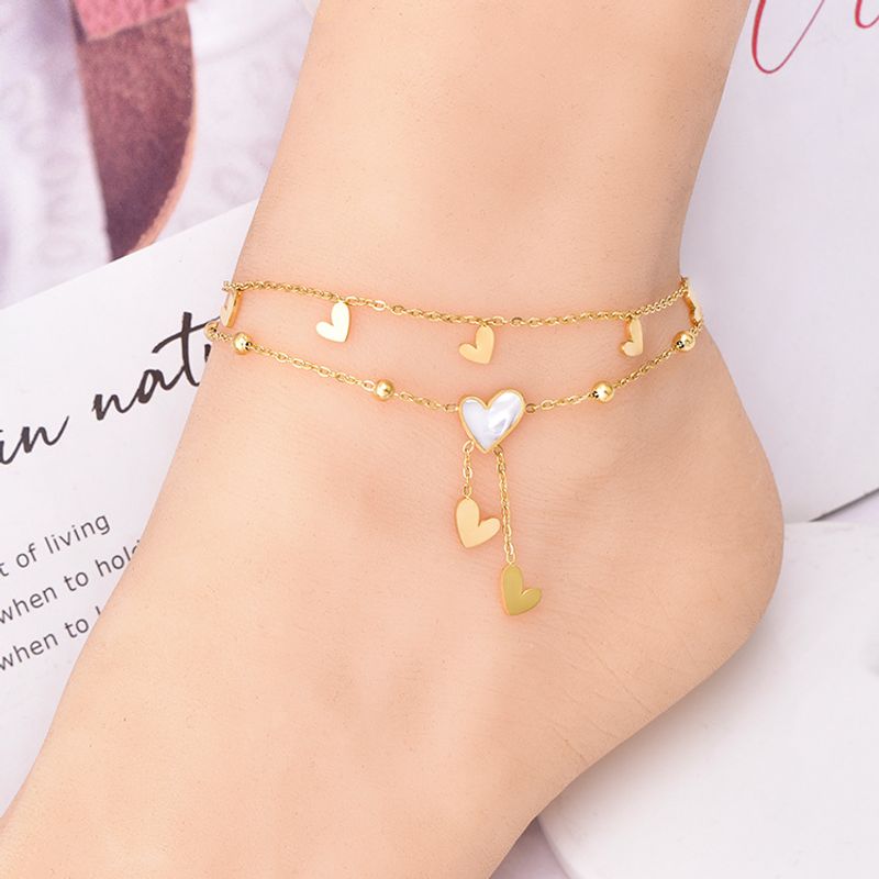 Fashion Heart Shape Stainless Steel Layered Inlay Shell 18k Gold Plated Platinum Plated Women's Anklet