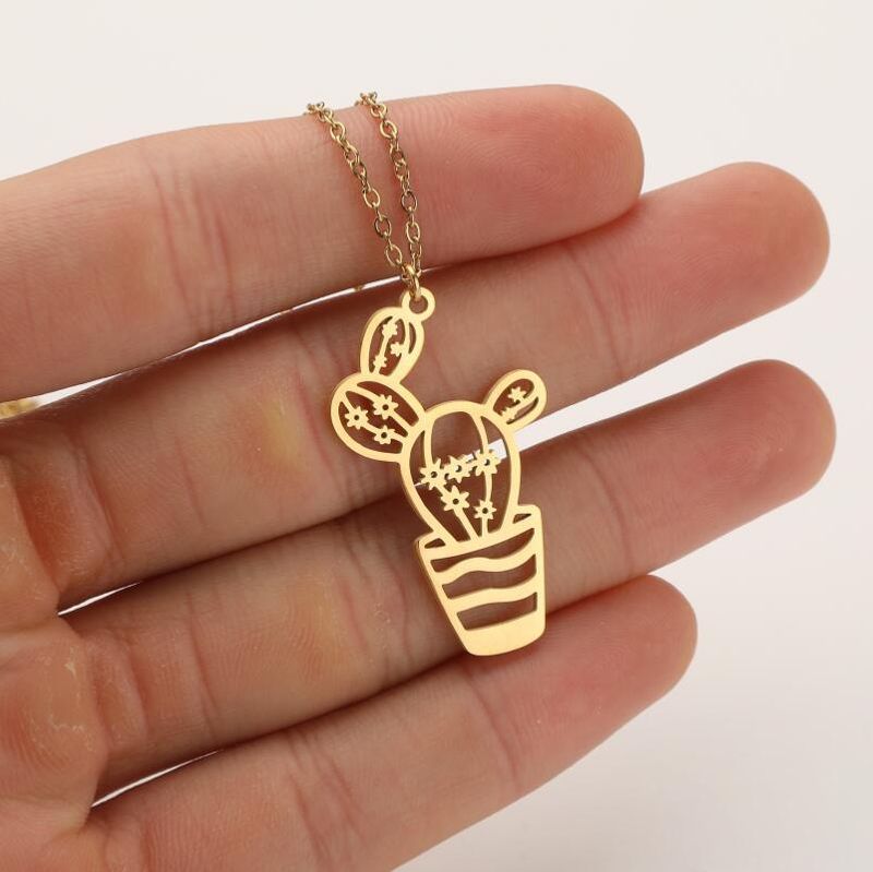 201 Stainless Steel 18K Gold Plated Retro Plating Cactus Pendant Necklace
