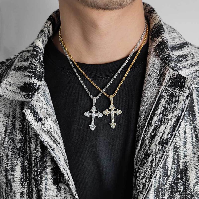 Hip-hop Cross Copper Inlay Zircon Gold Plated Men's Pendant Necklace