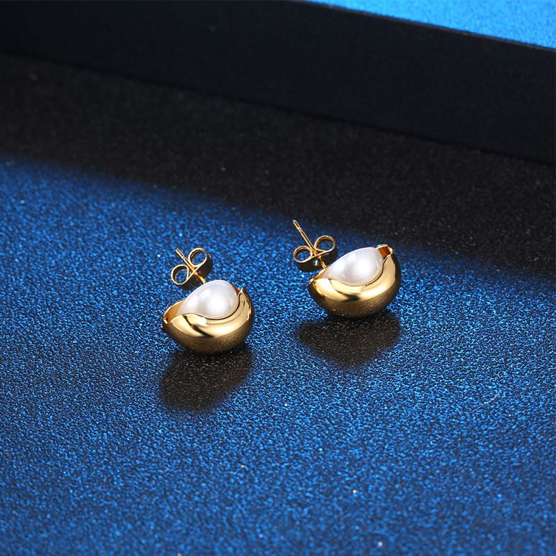 1 Piece Simple Style Round Inlay Titanium Steel Pearl Earrings
