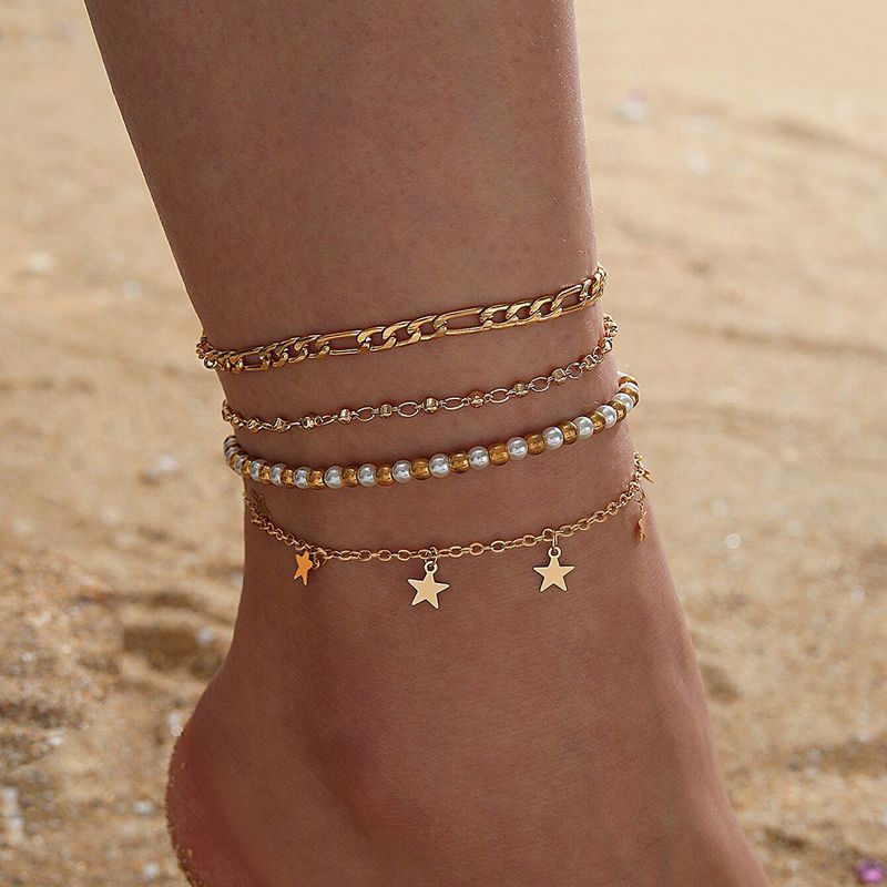 4 Pieces Vacation Star Alloy Beaded Buckle Chain Women's Anklet