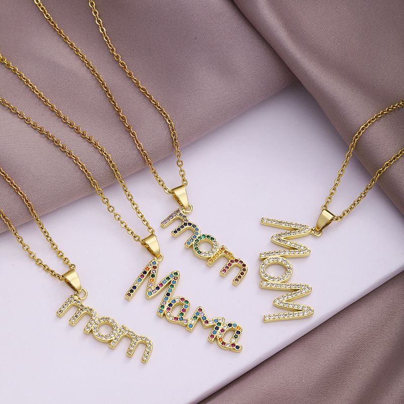 304 Stainless Steel Copper MAMA Simple Style Plating Inlay Letter Zircon Pendant Necklace