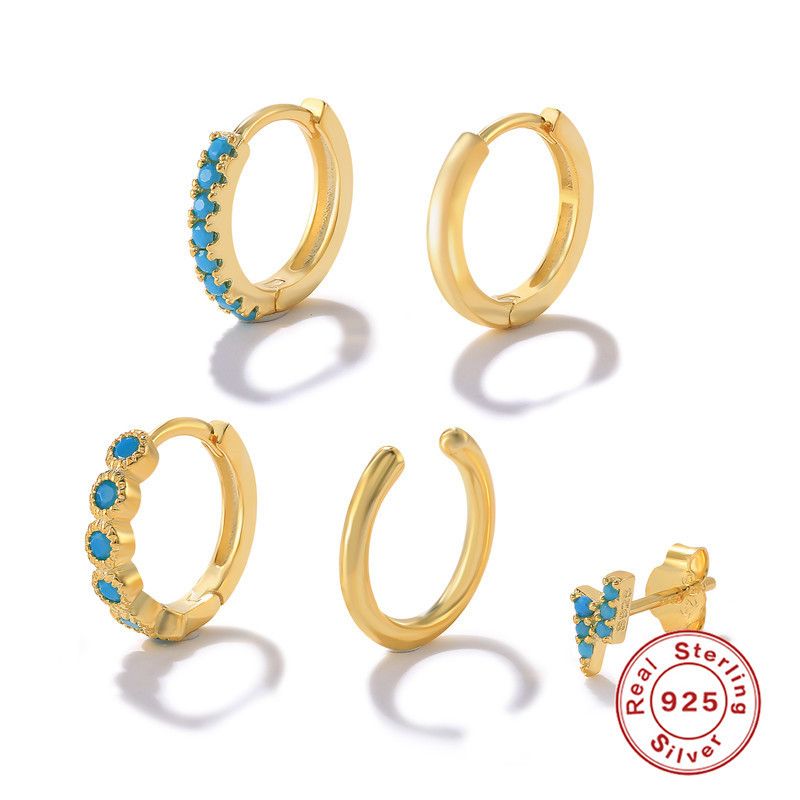 1 Jeu Style Simple Rond Placage Incruster Argent Sterling Turquoise Des Boucles D'oreilles