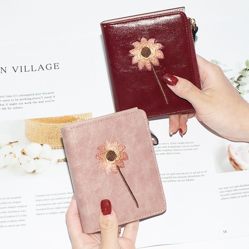 Women's Flower Pu Leather Paint Finish Zipper Hasp Wallets