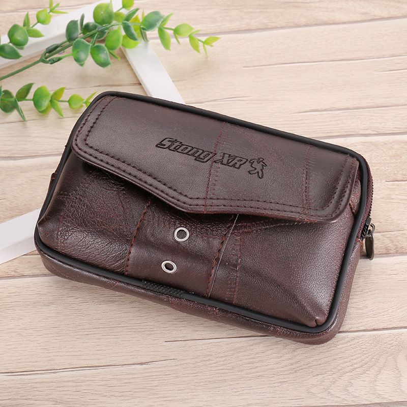 Men's Classic Style Solid Color Leather Waterproof Waist Bags