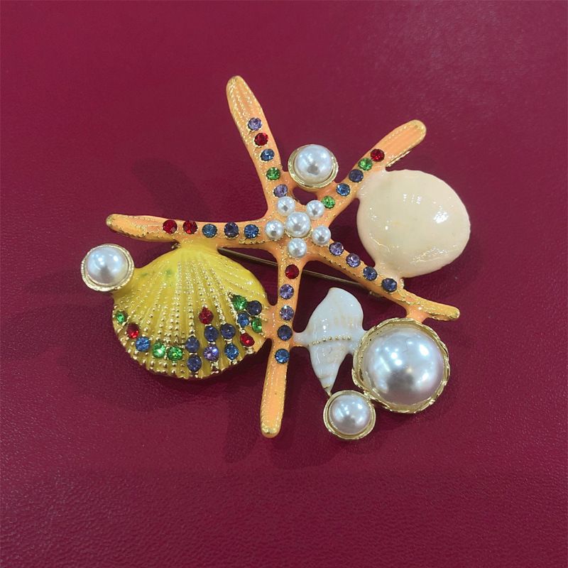 Korean Style Starfish Shell Alloy Plating Inlay Rhinestones Pearl Unisex Brooches