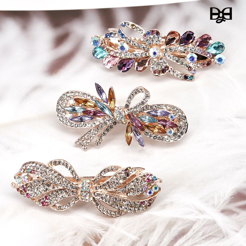 Fashion Water Droplets Bow Knot Alloy Resin Pleated Rhinestones Hair Claws