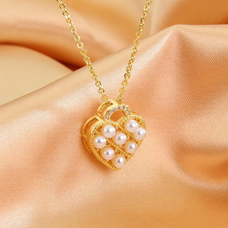 Fashion Heart Shape Copper Plating Pearl Zircon 18k Gold Plated Pendant Necklace