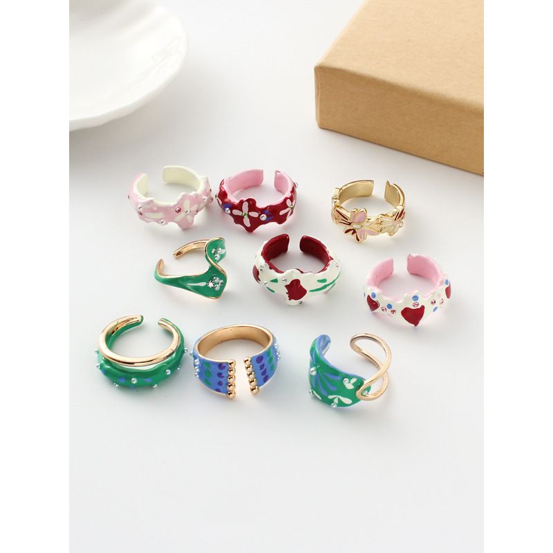 Novelty Heart Shape Flower Copper Enamel Rhinestones Pearl Rings 1 Piece