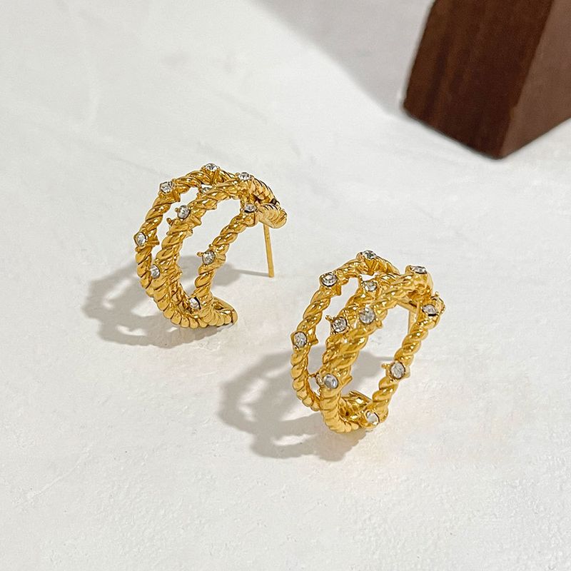 1 Pair Ins Style C Shape Plating Inlay Stainless Steel Rhinestones 18k Gold Plated Ear Studs