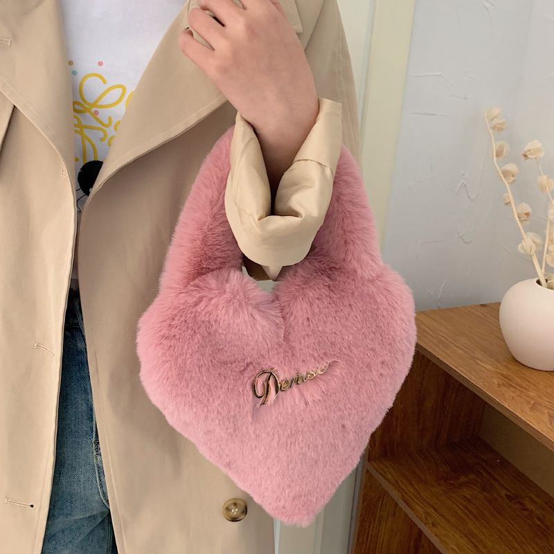 Women's Small All Seasons Plush Solid Color Cute Heart-shaped Zipper Heart-shaped Bag Handbag