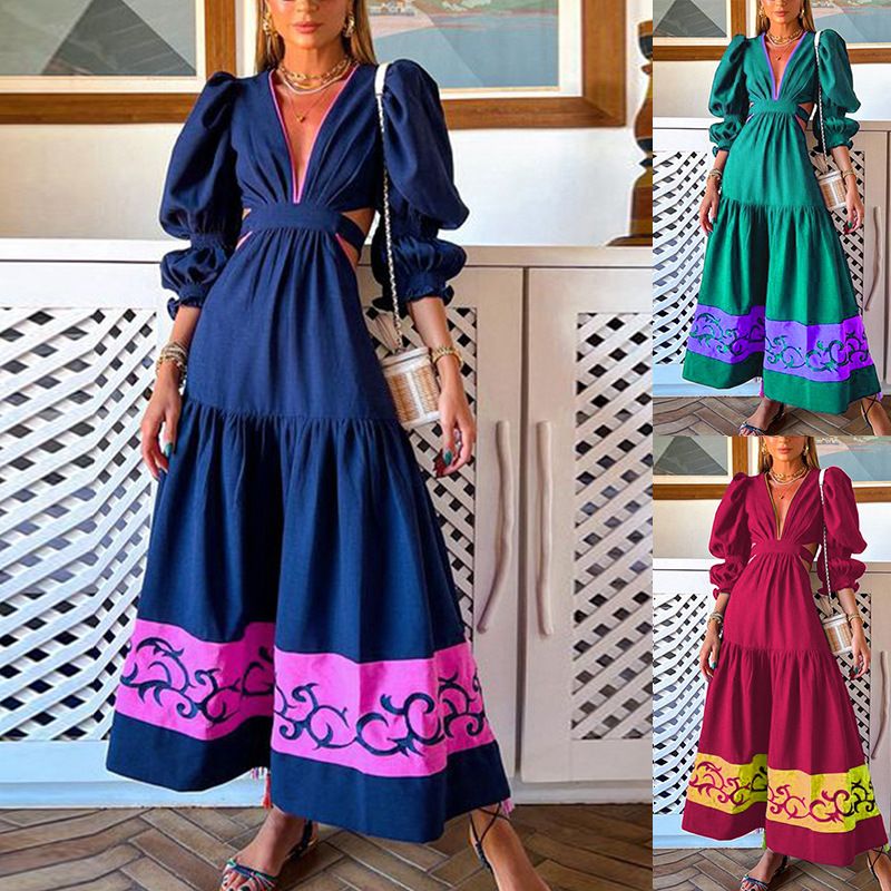 Women's A-line Skirt Fashion V Neck Printing Long Sleeve Printing Color Block Maxi Long Dress Daily