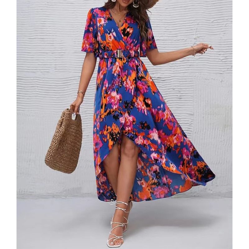 Women's Regular Dress Elegant V Neck Printing Short Sleeve Flower Maxi Long Dress Holiday