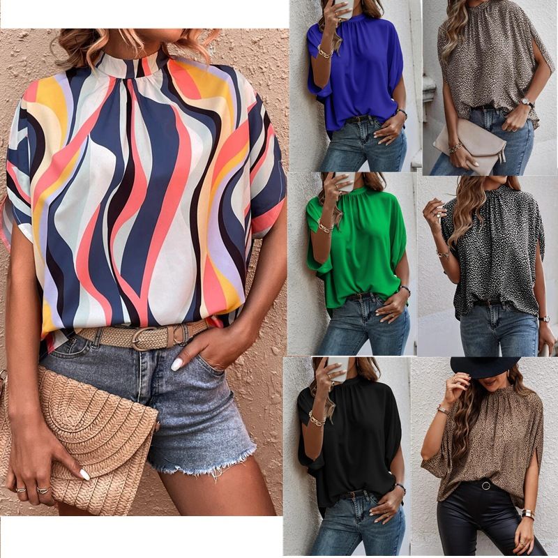 Women's Chiffon Shirt Half Sleeve T-shirts Printing Fashion Solid Color