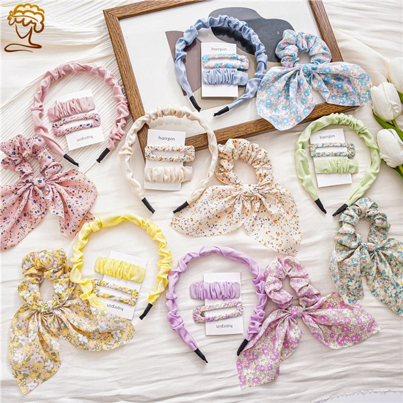 Fashion Ditsy Floral Bow Knot Cloth Printing Pleated Hair Clip Hair Band Hair Tie 1 Set