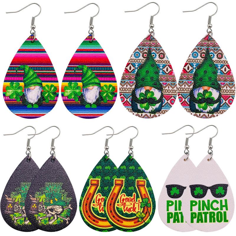 1 Pair Fashion Shamrock Letter Water Droplets Pu Leather Patchwork St. Patrick Women's Drop Earrings