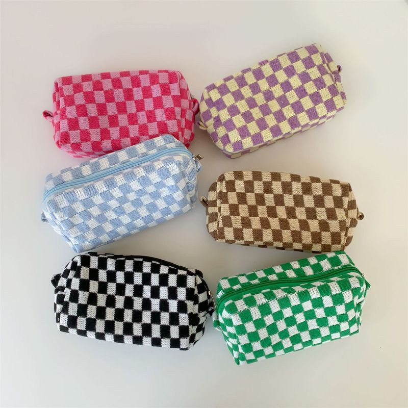 Femmes Moyen Tricot Plaid Mode Carré Fermeture Éclair Trousse De Maquillage