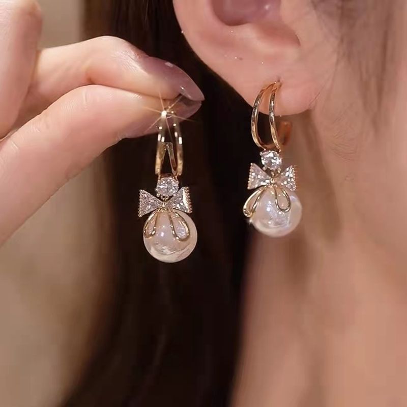 1 Pair Fashion Heart Shape Flower Bow Knot Imitation Pearl Alloy Rhinestone Inlay Opal Women's Earrings