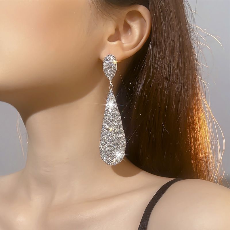 Simple Style Water Droplets Artificial Crystal Inlay Rhinestones Silver Plated Women's Drop Earrings