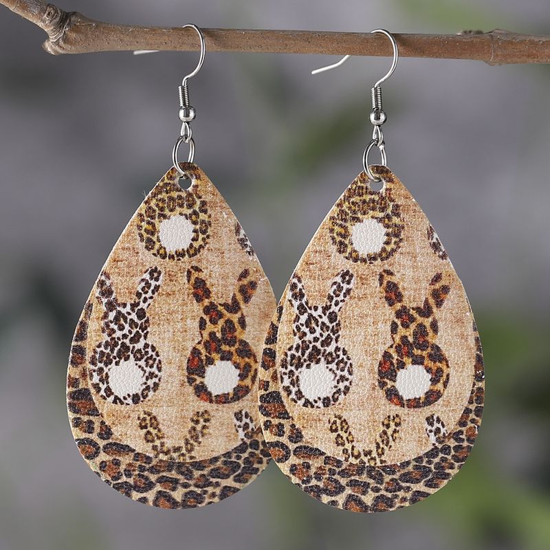 1 Pair Fashion Rabbit Water Droplets Leopard Stainless Steel Pu Leather Printing Easter Women's Drop Earrings