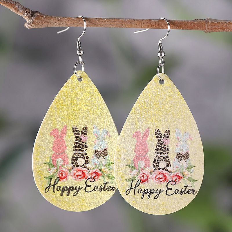 1 Pair Fashion Rabbit Letter Water Droplets Stainless Steel Pu Leather Printing Easter Women's Drop Earrings
