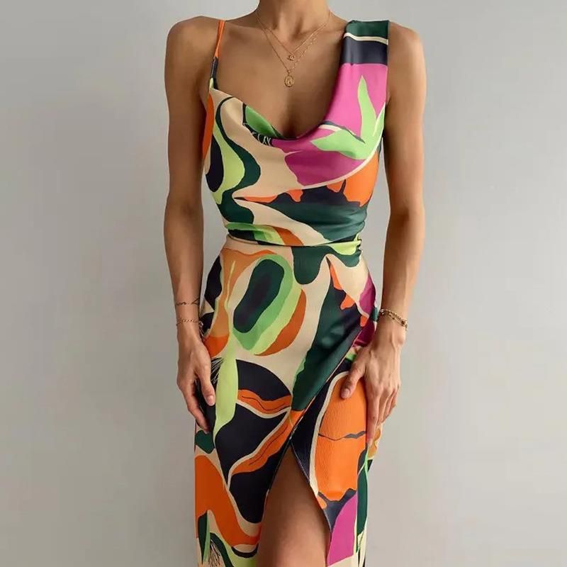 Fashion Printing U Neck Sleeveless Printing Polyester Midi Dress Strap Dress