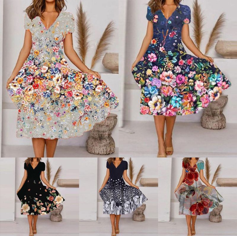 Women's Elegant V Neck Printing Short Sleeve Printing Midi Dress Street