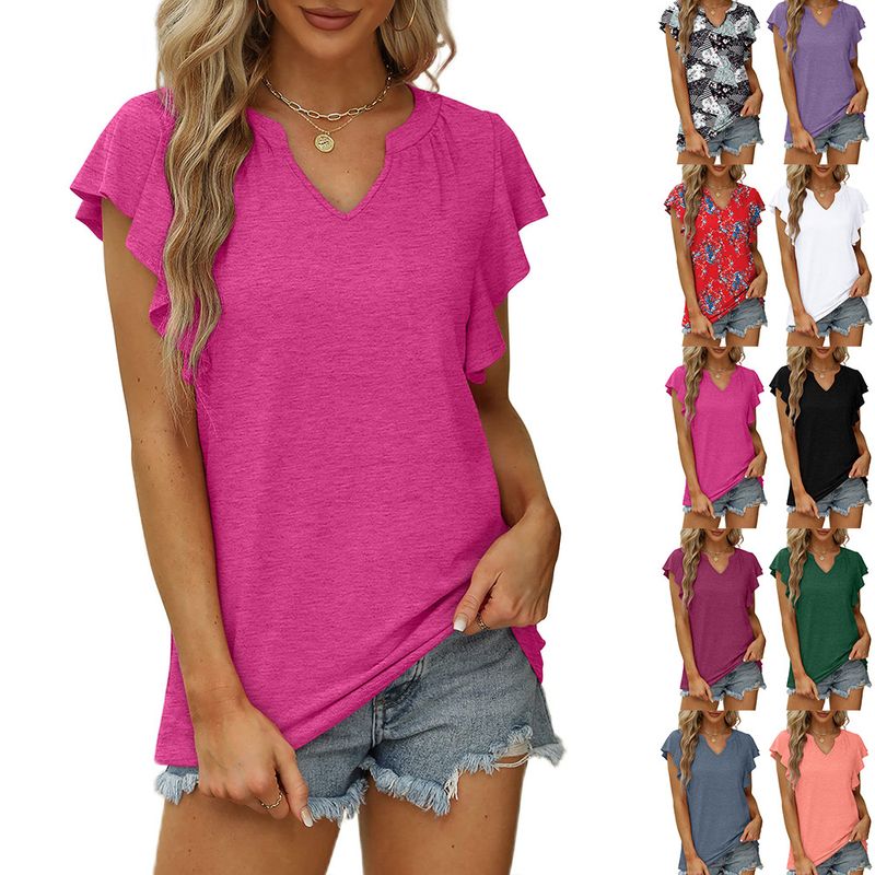 Women's T-shirt Short Sleeve T-shirts Printing Ruffles Casual Ditsy Floral Solid Color