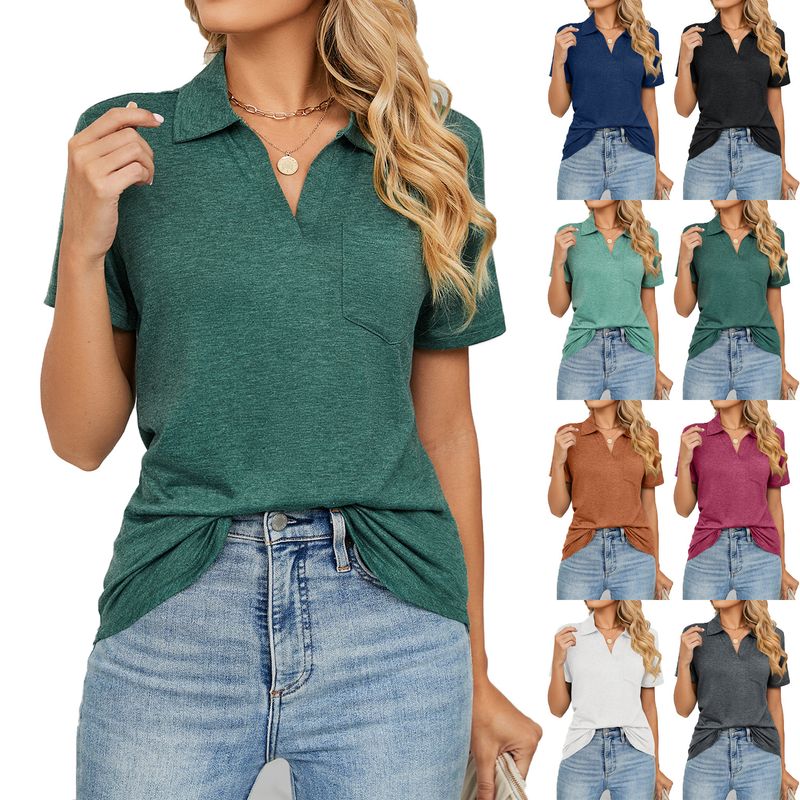 Women's T-shirt Short Sleeve T-shirts Pocket Patchwork Casual Solid Color