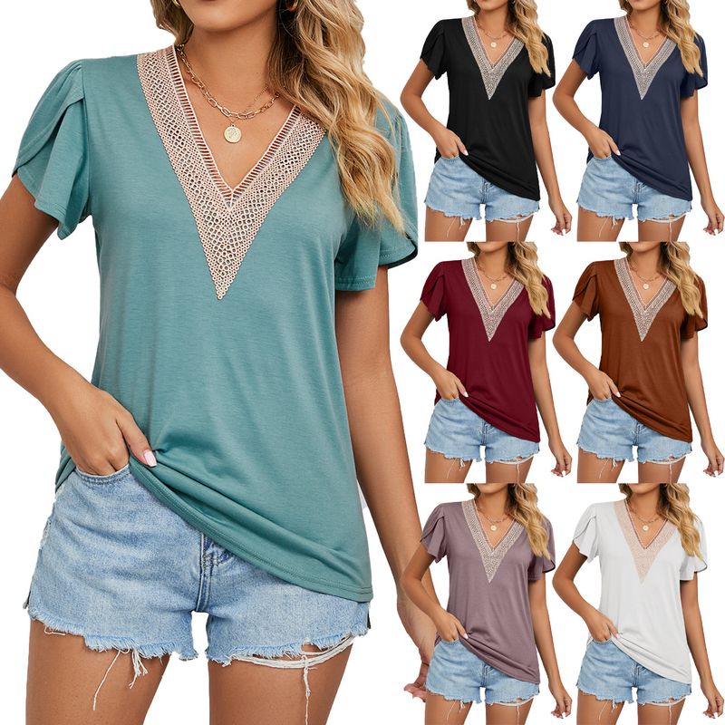 Women's T-shirt Short Sleeve T-shirts Patchwork Casual Solid Color