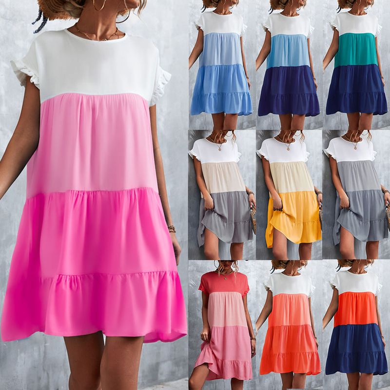 Women's Tiered Skirt Fashion Round Neck Patchwork Ruffles Short Sleeve Color Block Above Knee Daily