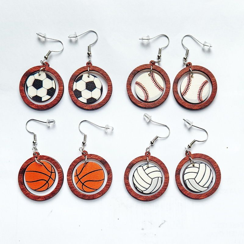 1 Pair Fashion Basketball Football Wood Printing Football World Cup Women's Drop Earrings
