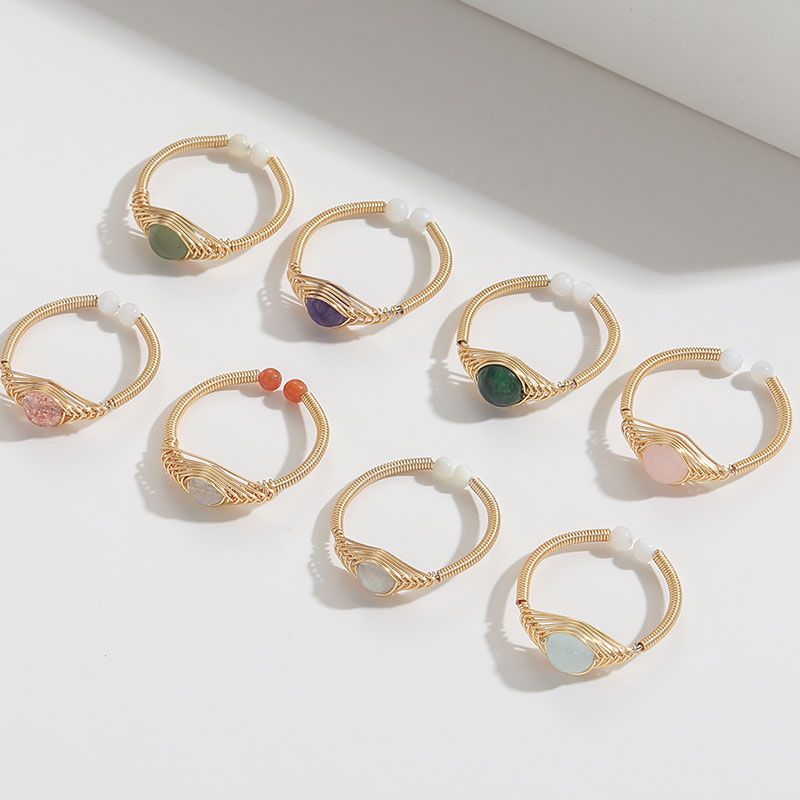 Retro Round Natural Stone Copper 14k Gold Plated Rings