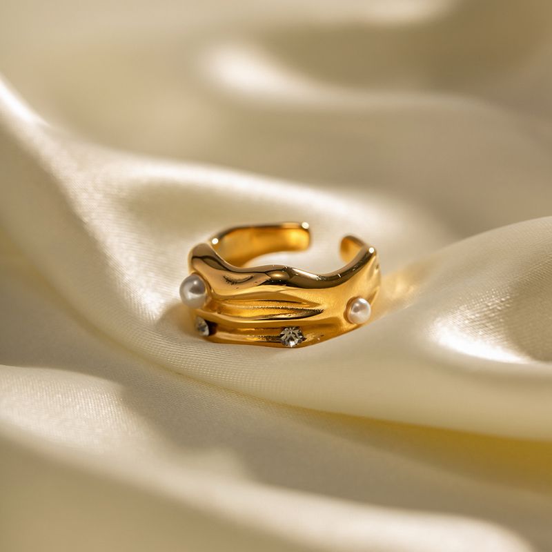 Ins-stil C-form Irregulär Rostfreier Stahl Überzug Inlay Künstliche Perlen Künstlicher Diamant 18 Karat Vergoldet Offener Ring