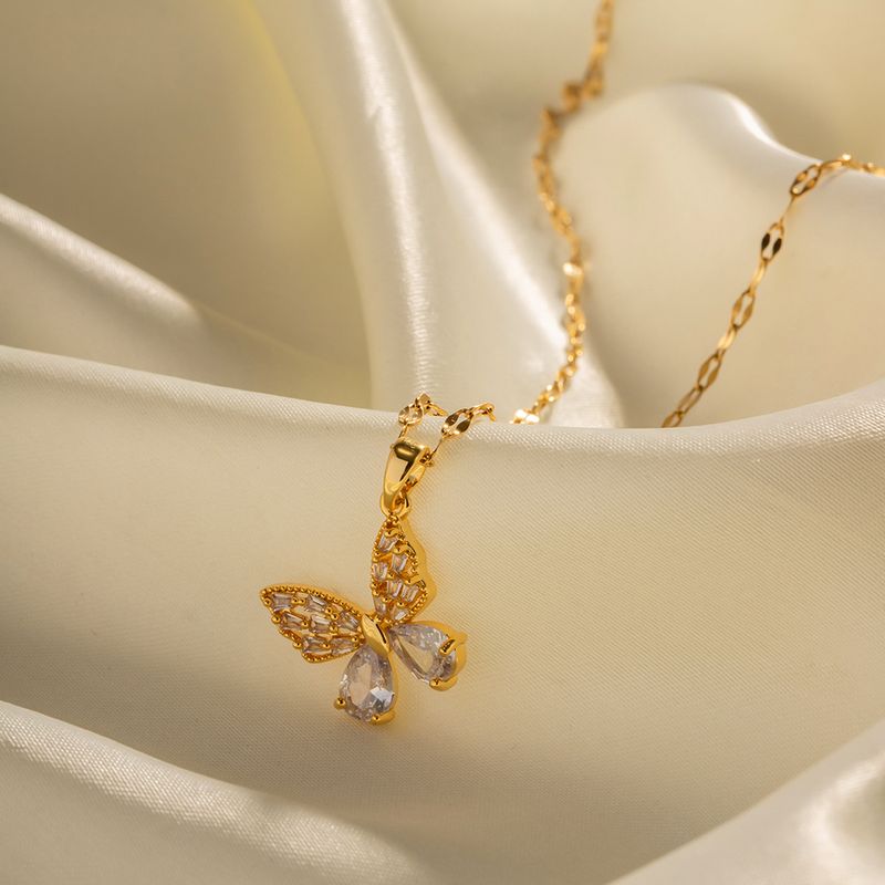 Ins Style Butterfly Stainless Steel Plating Inlay Zircon 18k Gold Plated Pendant Necklace