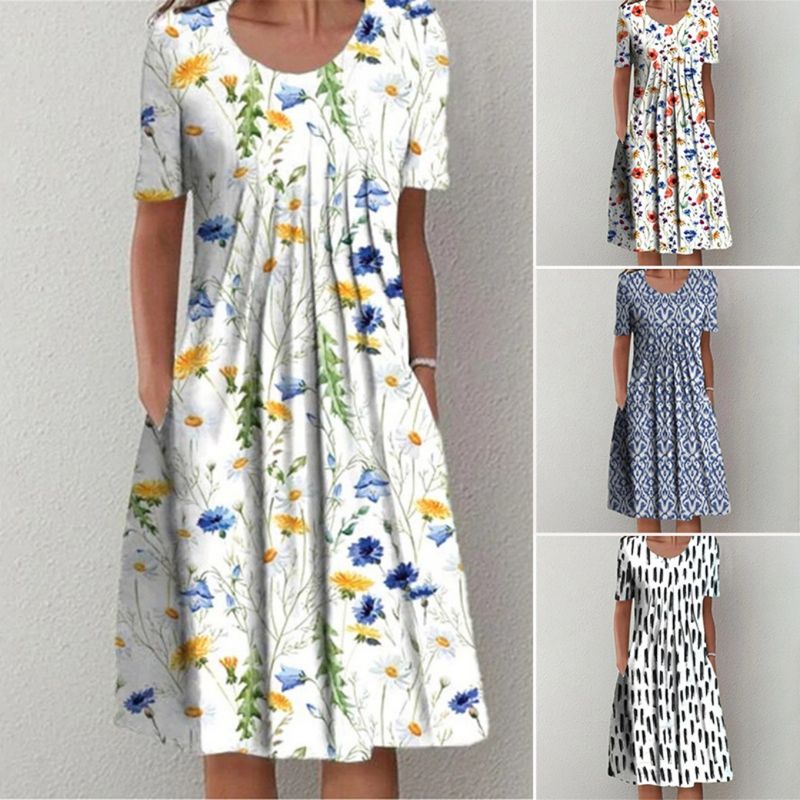 Fashion Ditsy Floral Round Neck Short Sleeve Printing Polyester Midi Dress Pleated Skirt