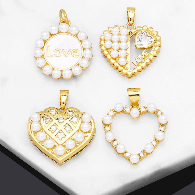 1 Piece Fashion Korean Style Heart Shape Copper Plating Inlay Pearl Zircon 18k Gold Plated Pendants Jewelry Accessories