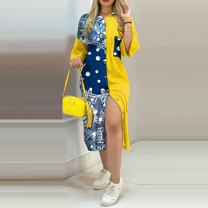Women's Irregular Skirt Fashion Standing Collar Printing Patchwork Half Sleeve Color Block Maxi Long Dress Holiday Street