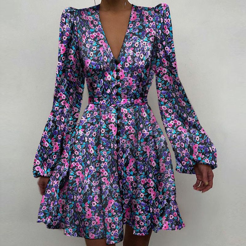 Women's A-line Skirt Elegant V Neck Printing Long Sleeve Ditsy Floral Color Block Midi Dress Daily