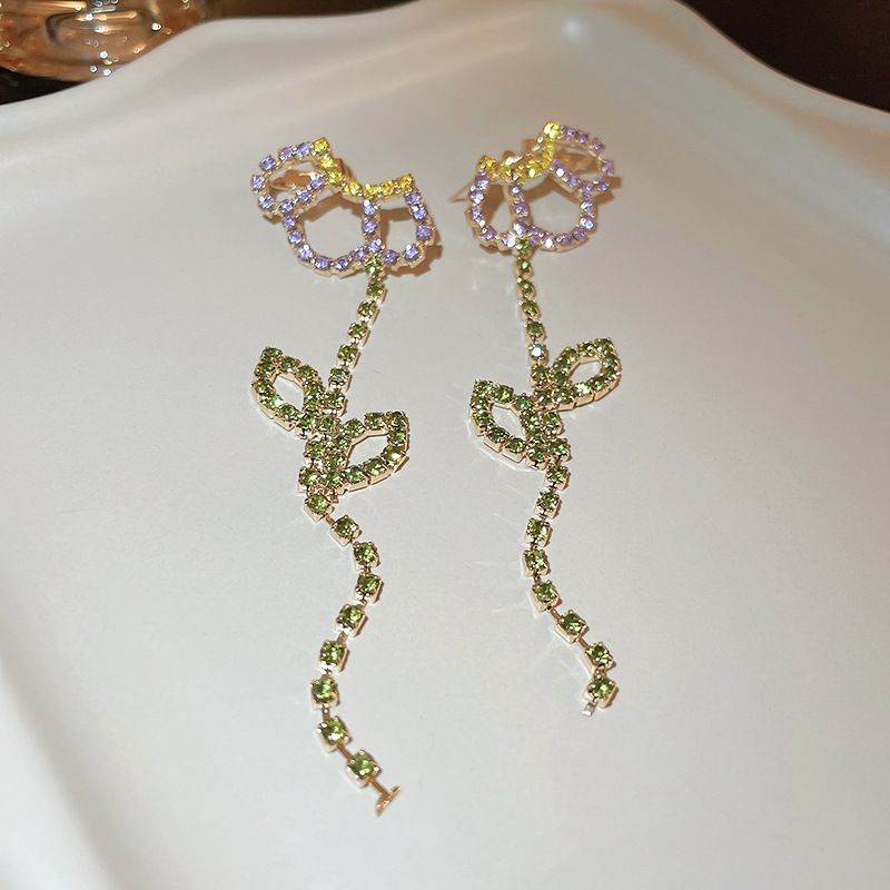 1 Pair Fashion Flower Alloy Inlay Artificial Diamond Women's Drop Earrings