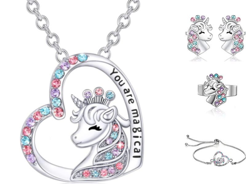 Moda Forma De Corazón Unicornio Aleación Embutido Diamantes De Imitación Mujeres Pulsera Aretes Collar