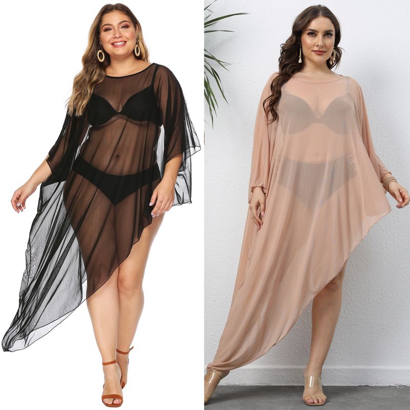 Sexy Solid Color Net Yarn See-through 1 Piece Plus Size Swimwear
