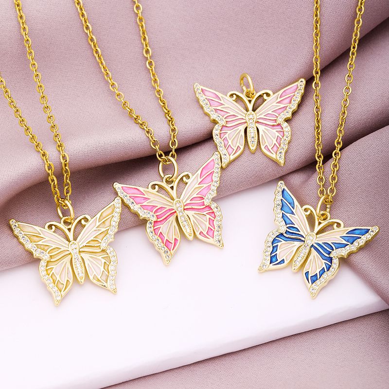 Rétro Papillon Le Cuivre Émail Incruster Zircon Pendentif 1 Pièce